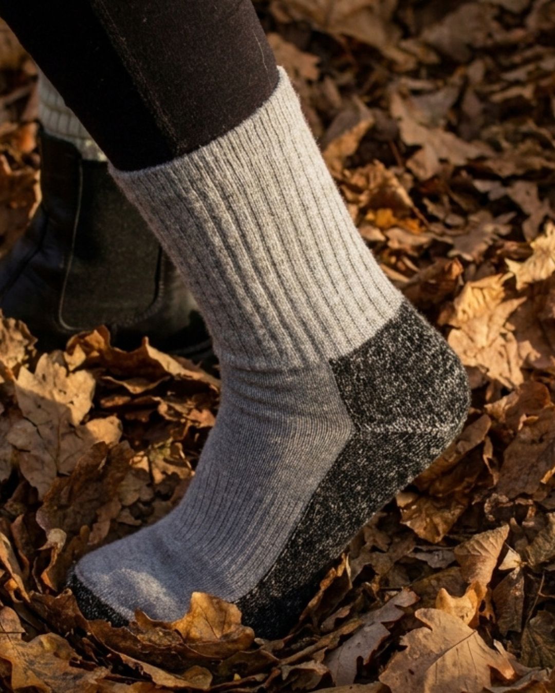 Close-up of PeakPaca Hiker Socks showing ribbed crew leg and reinforced sole