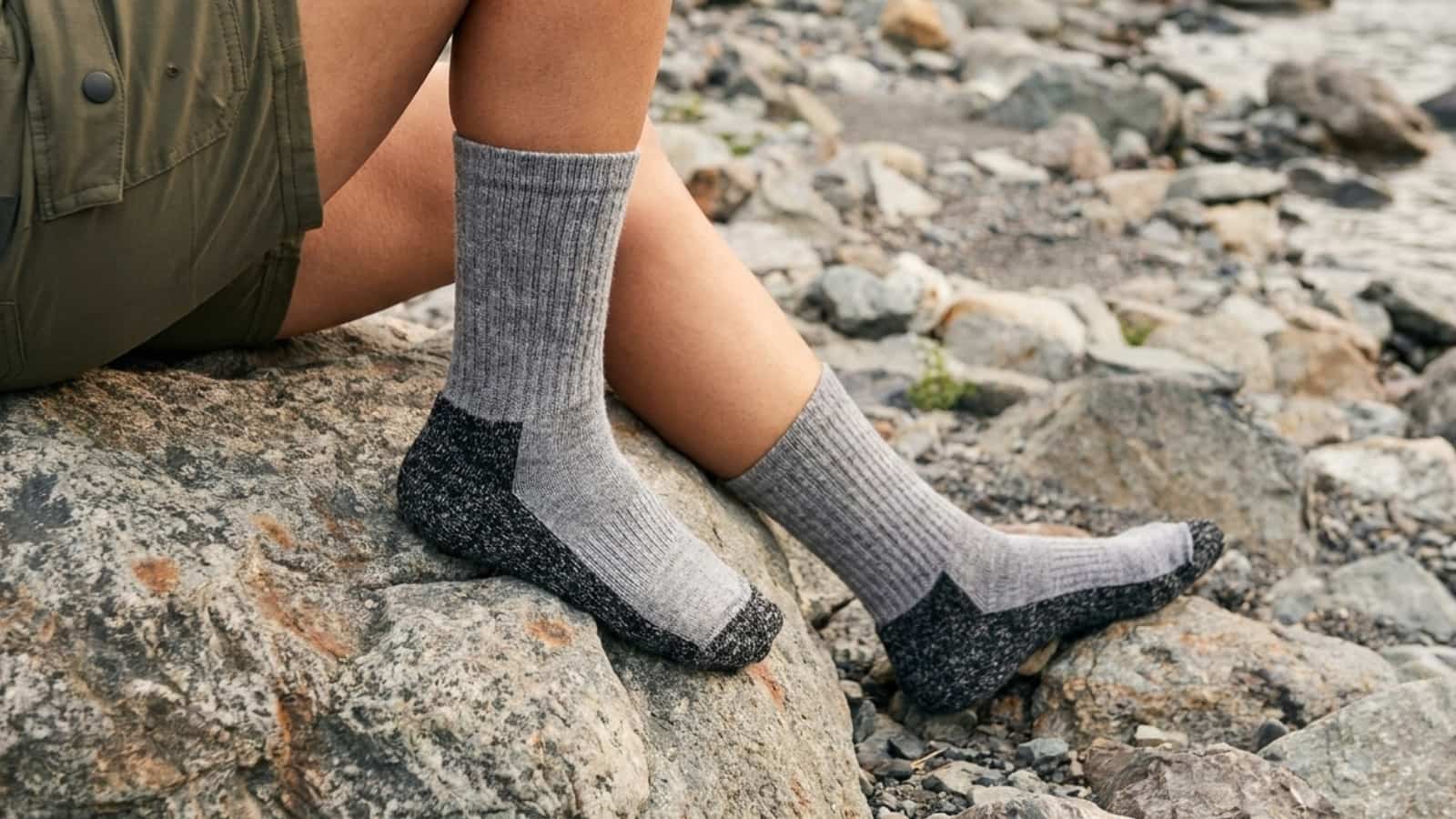 Model wearing gray PeakPaca Hiker Socks outdoors with the reinforced sole visible