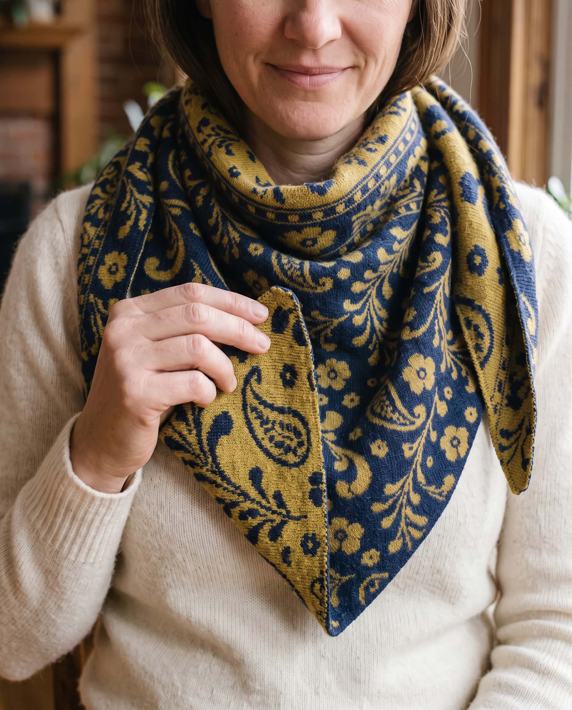 Close-up of model showing both sides of finely knitted navy and gold jacquard alpaca scarf