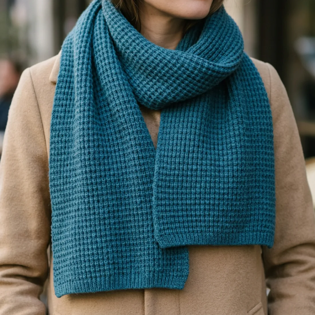 Close-up of richly textured teal baby alpaca waffle scarf layered over a camel-colored coat
