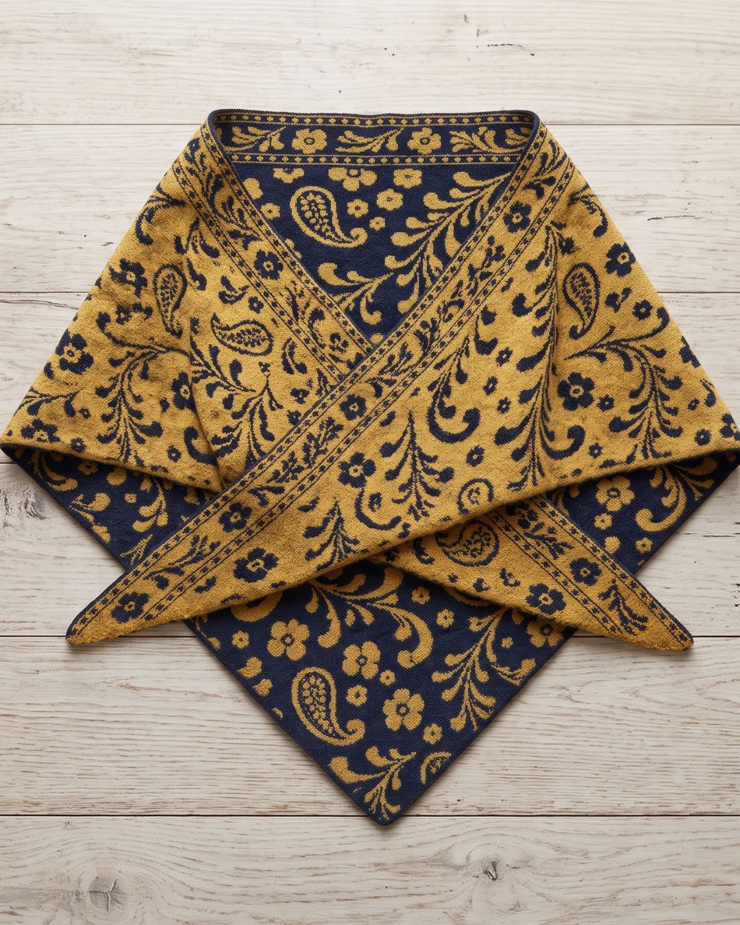 Close-up of mustard and navy fine-gauge alpaca knit showing the intricacy of the paisley jacquard pattern